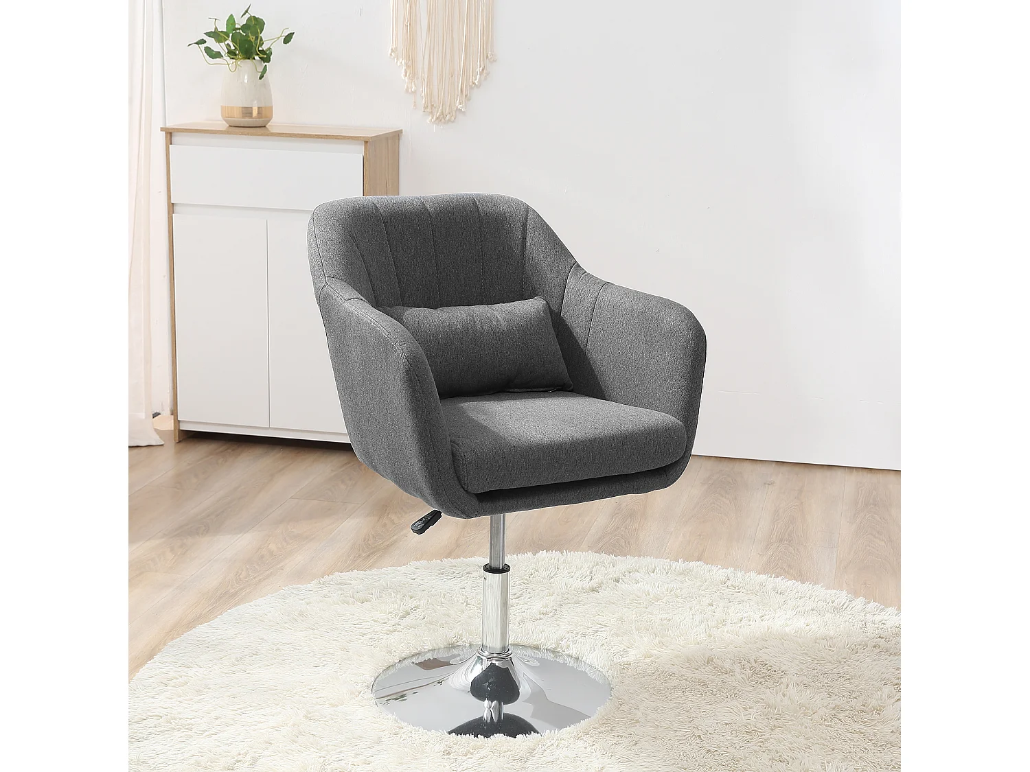 Fauteuil lounge design grand confort coussins lombaires hauteur réglable pivotant 360° piètement métal chromé lin gris