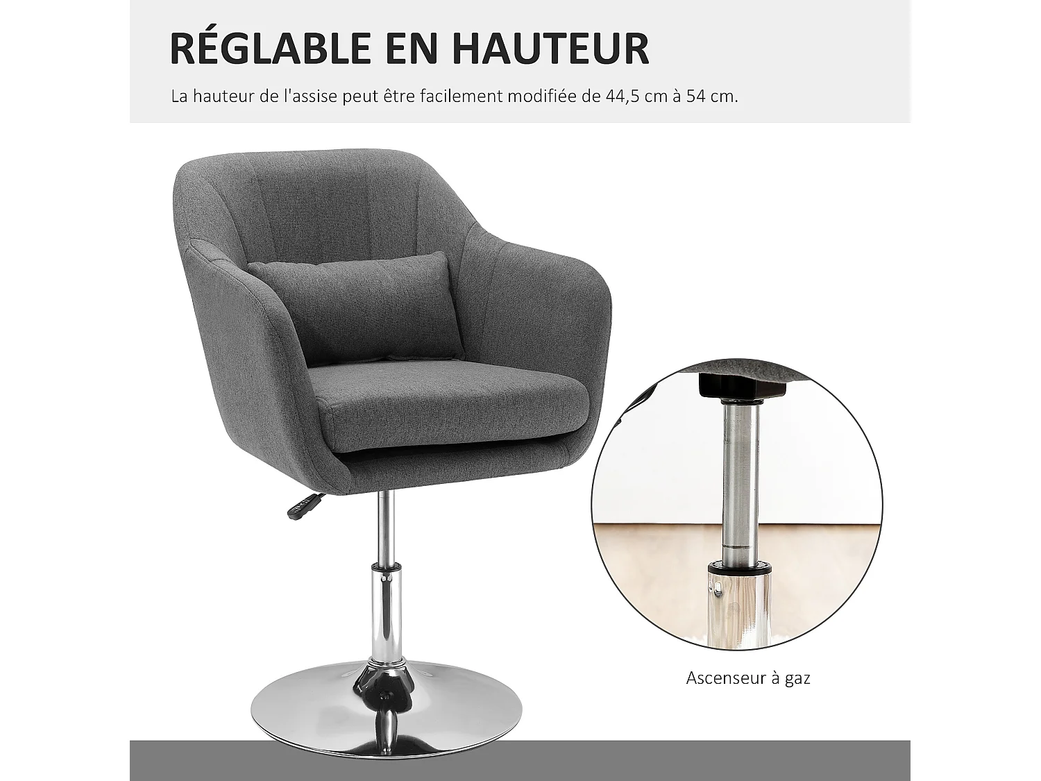 Fauteuil lounge design grand confort coussins lombaires hauteur réglable pivotant 360° piètement métal chromé lin gris