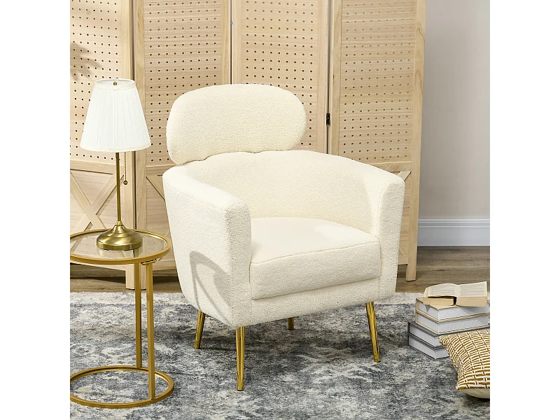 Fauteuil cabriolet design bouclette piètement métal doré appui-tête réglable