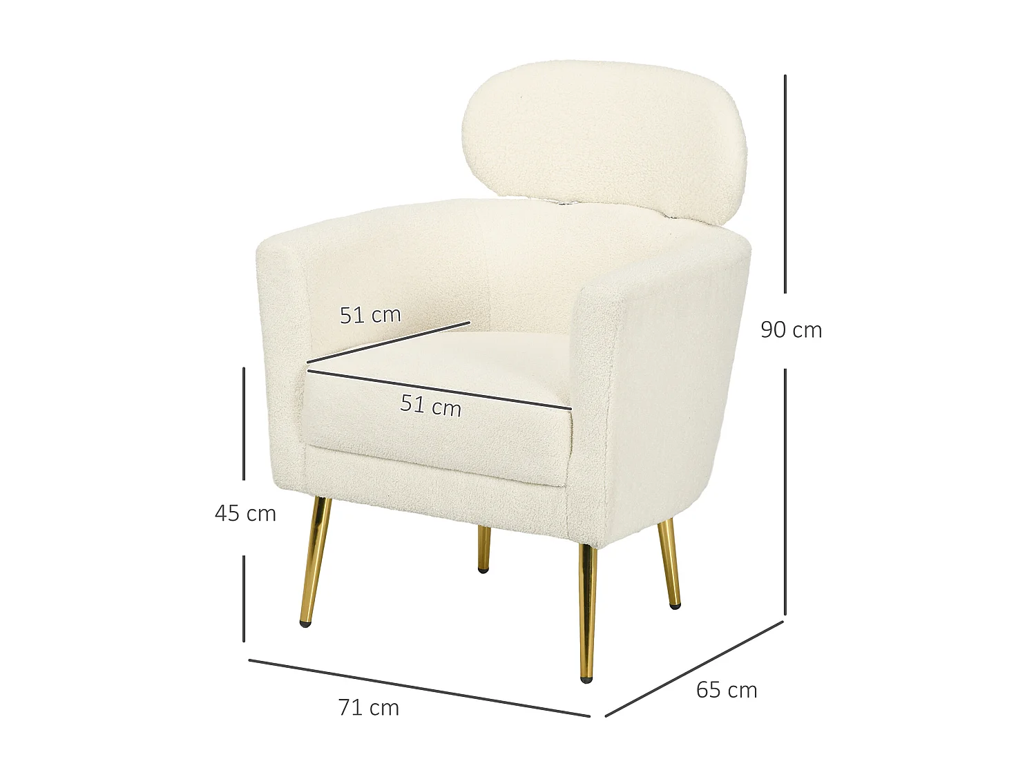 Fauteuil cabriolet design bouclette piètement métal doré appui-tête réglable