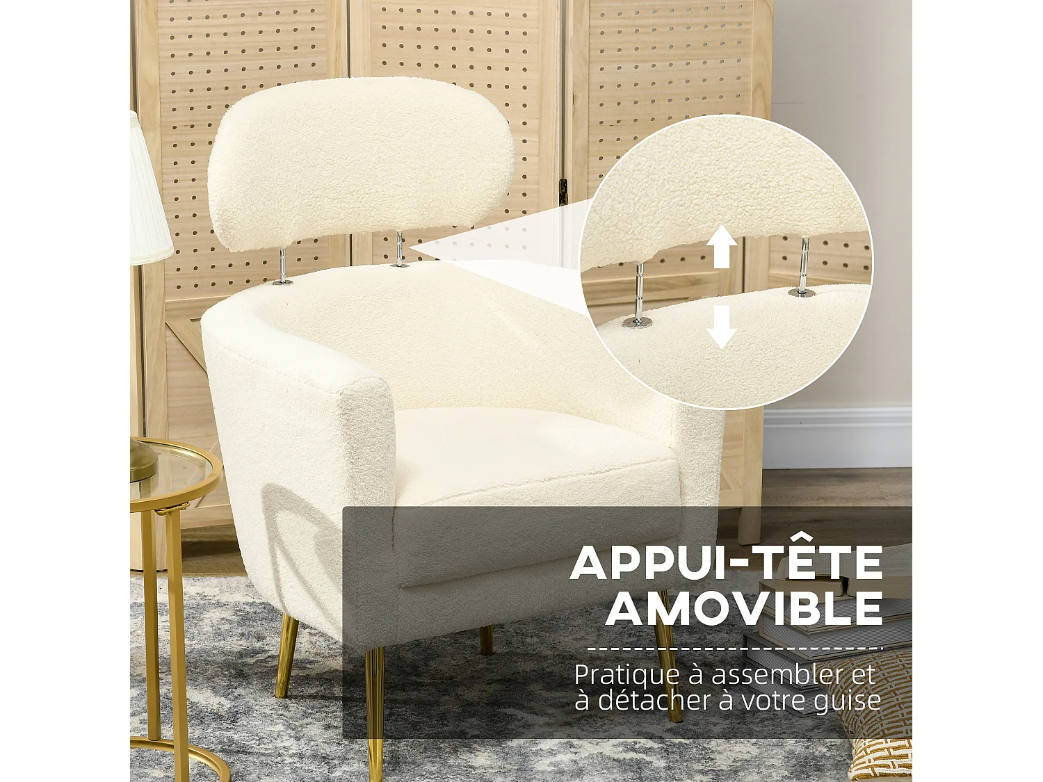 Fauteuil cabriolet design bouclette piètement métal doré appui-tête réglable