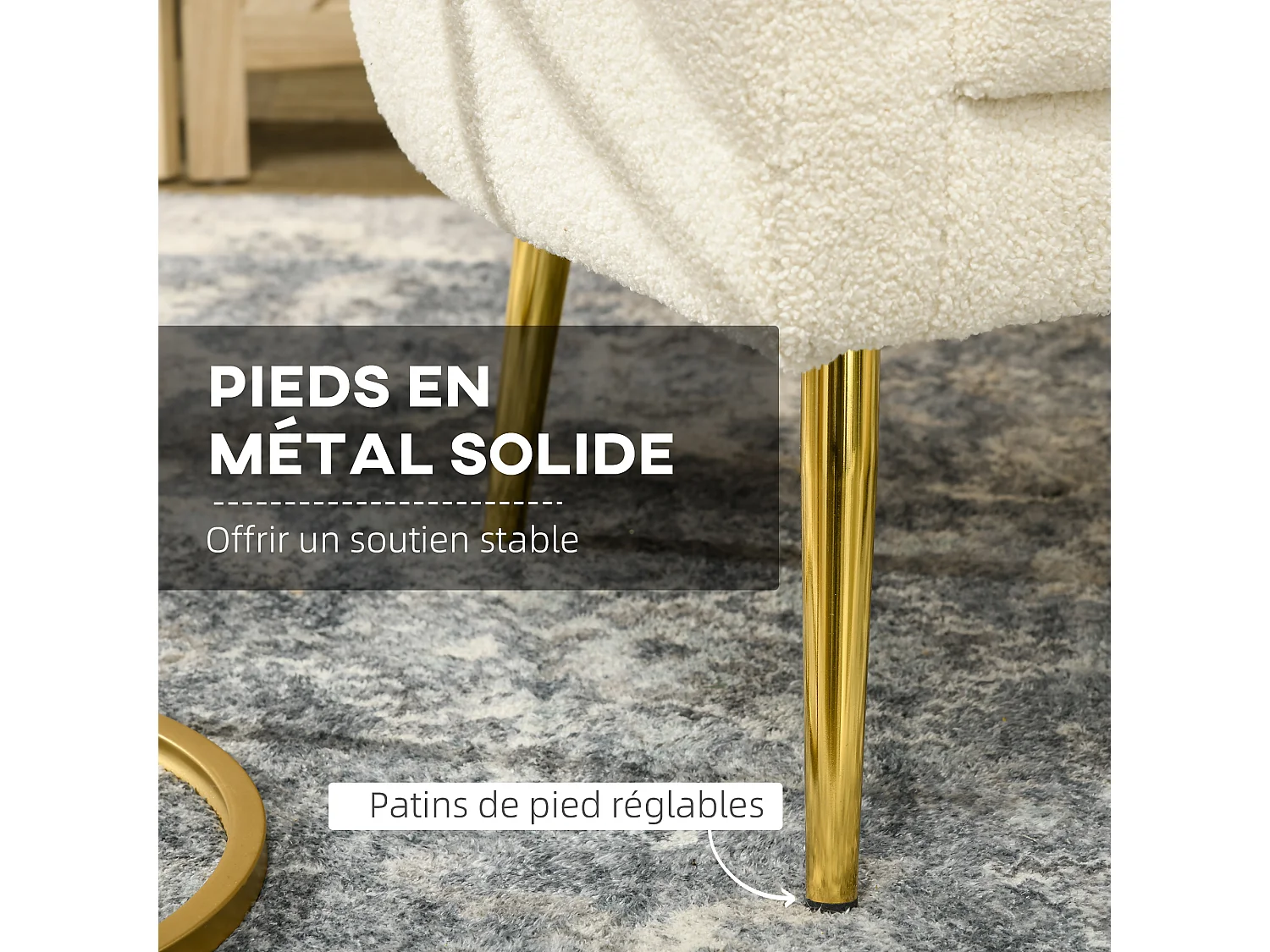 Fauteuil cabriolet design bouclette piètement métal doré appui-tête réglable