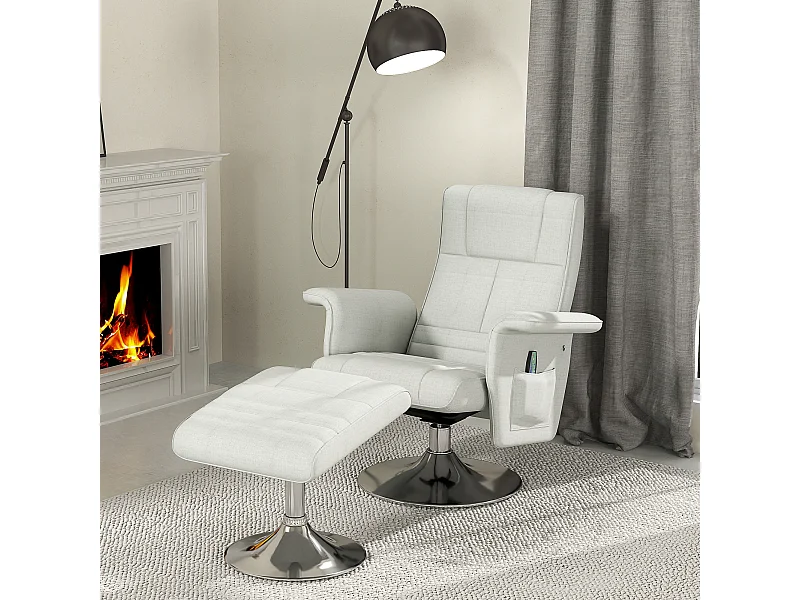 Fauteuil relax massant inclinable réglable avec repose-pied piètement acier chromé tissu grège clair