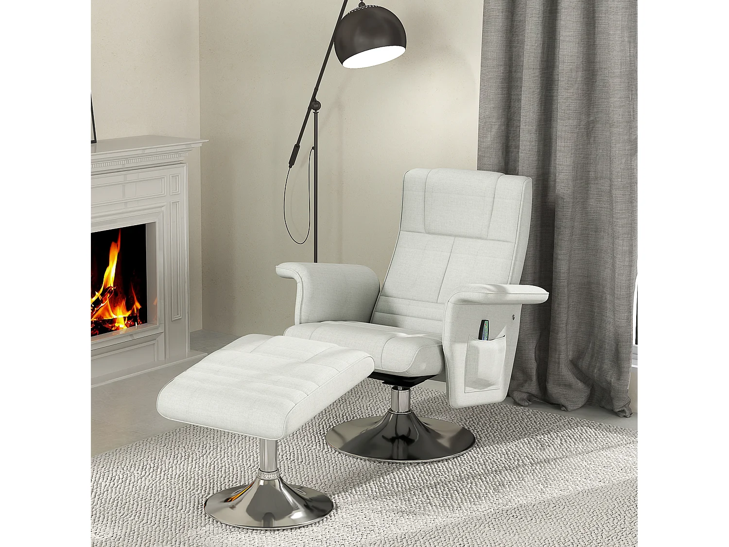 Fauteuil relax massant inclinable réglable avec repose-pied piètement acier chromé tissu grège clair