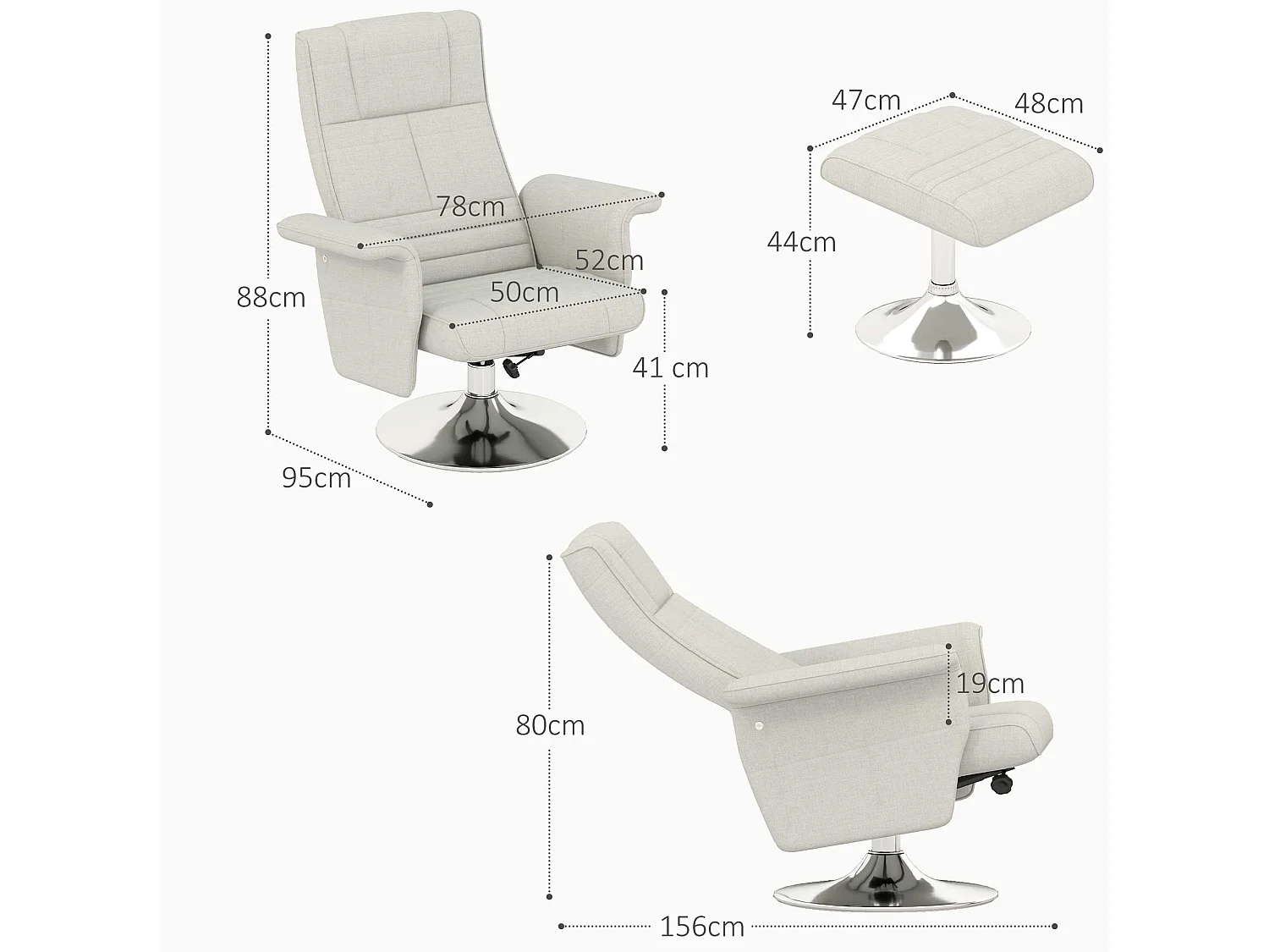 Fauteuil relax massant inclinable réglable avec repose-pied piètement acier chromé tissu grège clair