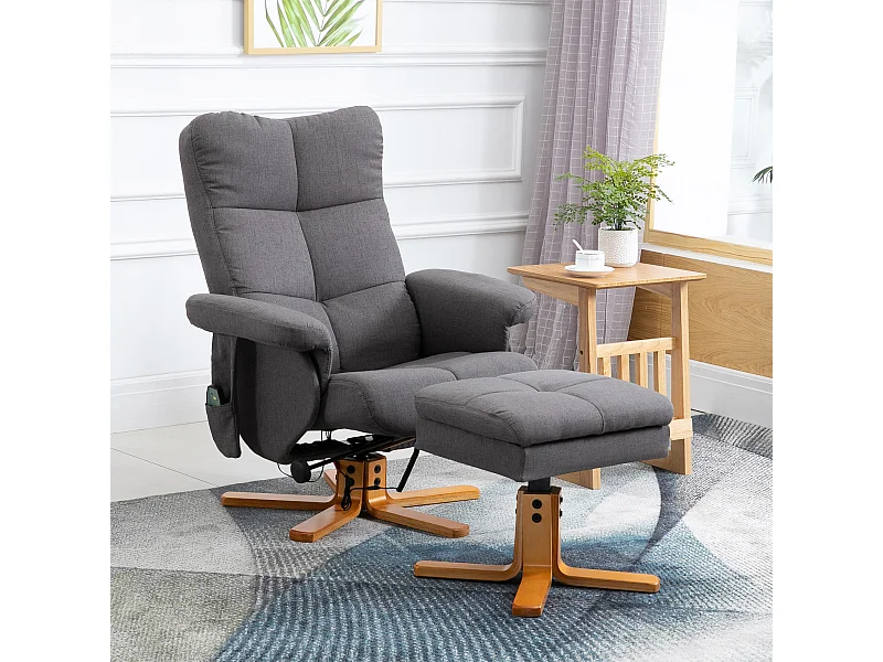Fauteuil de massage inclinable avec repose-pied - coffre rangement intégré - bois tissu gris