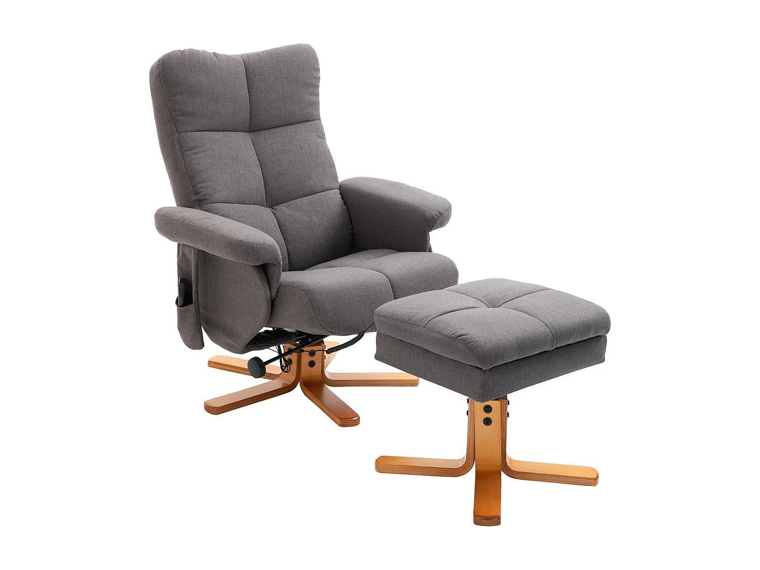 Fauteuil de massage inclinable avec repose-pied - coffre rangement intégré - bois tissu gris