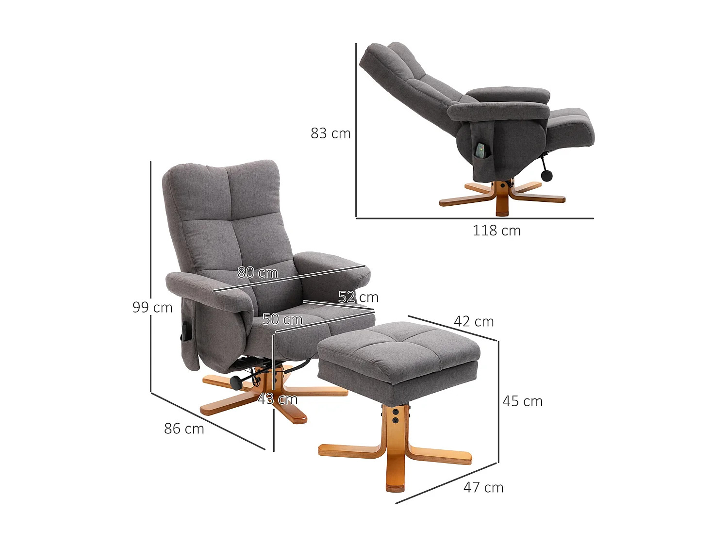 Fauteuil de massage inclinable avec repose-pied - coffre rangement intégré - bois tissu gris