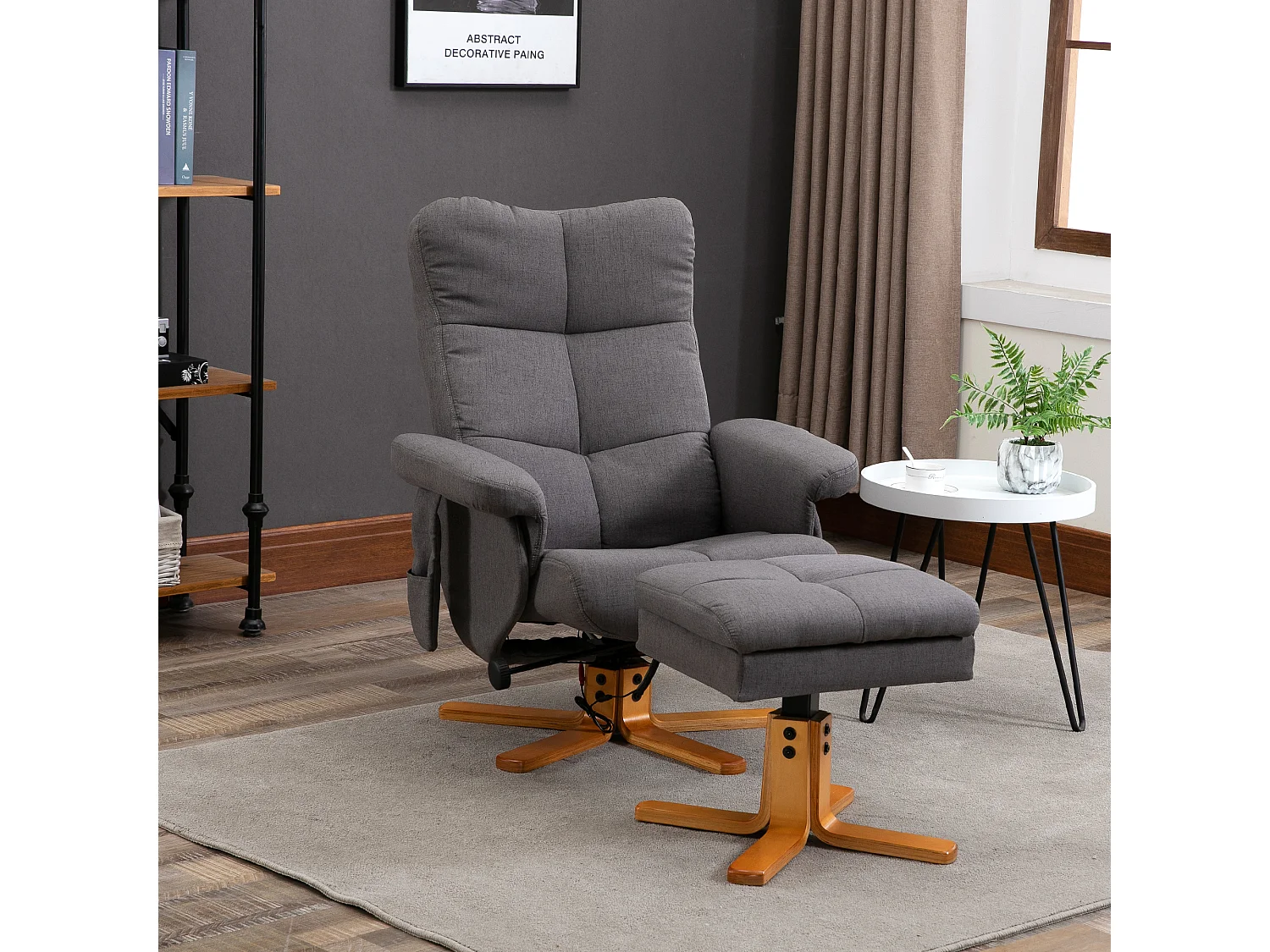 Fauteuil de massage inclinable avec repose-pied - coffre rangement intégré - bois tissu gris