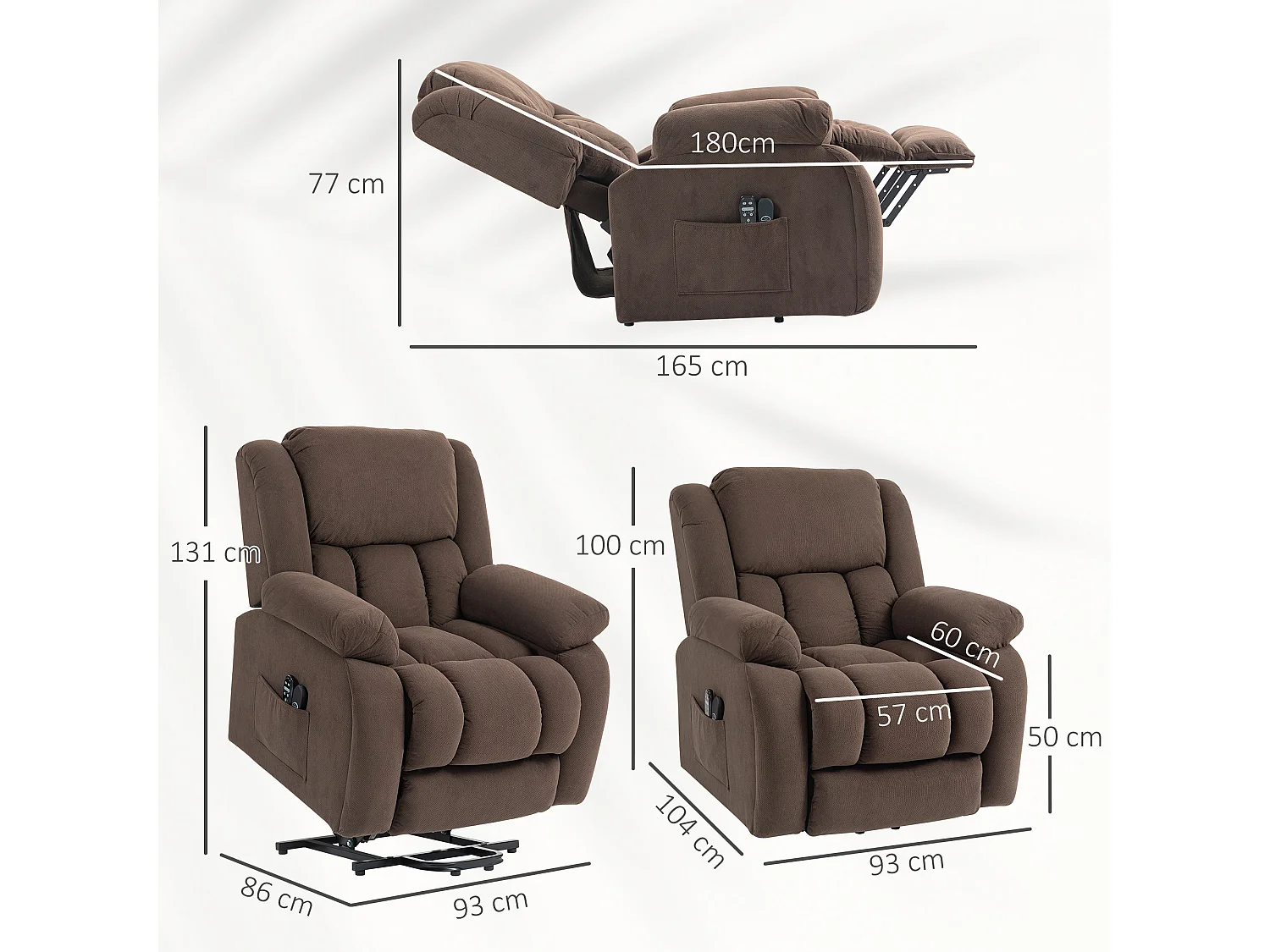 Fauteuil releveur massant chauffant grand confort - inclinable, repose-pieds rétractable - tissu toucher flanelle chocolat