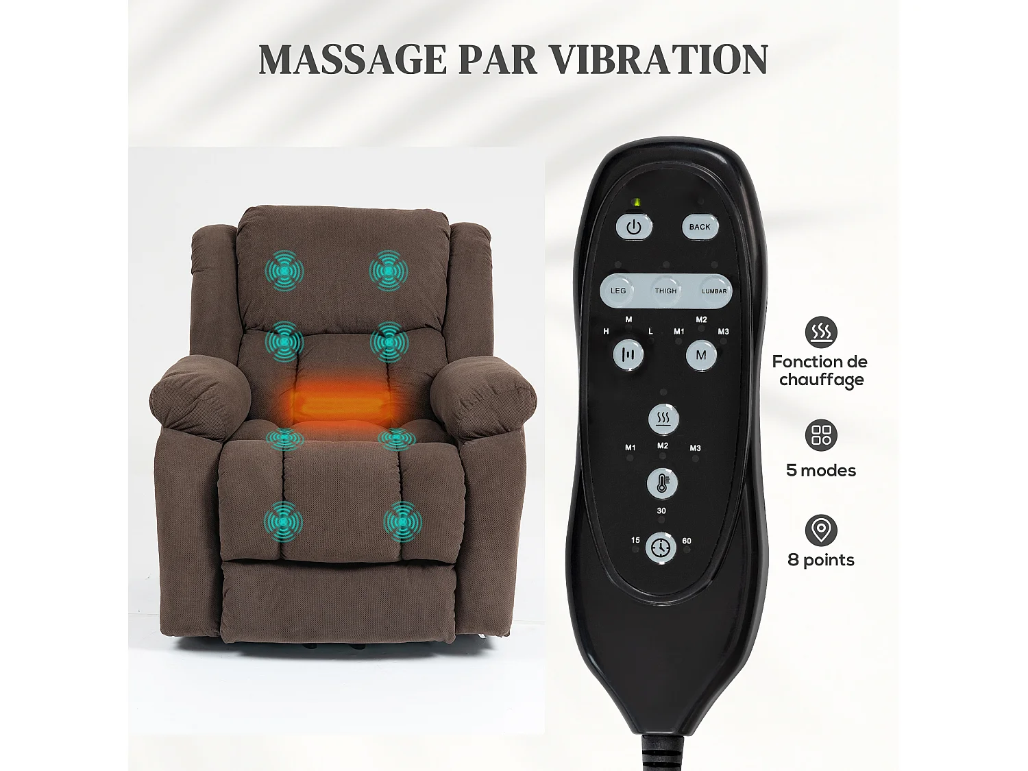 Fauteuil releveur massant chauffant grand confort - inclinable, repose-pieds rétractable - tissu toucher flanelle chocolat