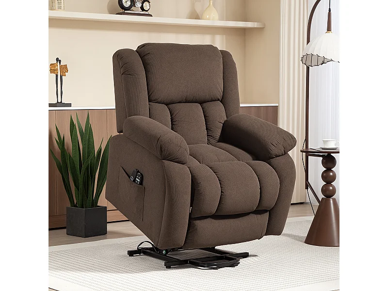 Fauteuil releveur massant chauffant grand confort - inclinable, repose-pieds rétractable - tissu toucher flanelle chocolat