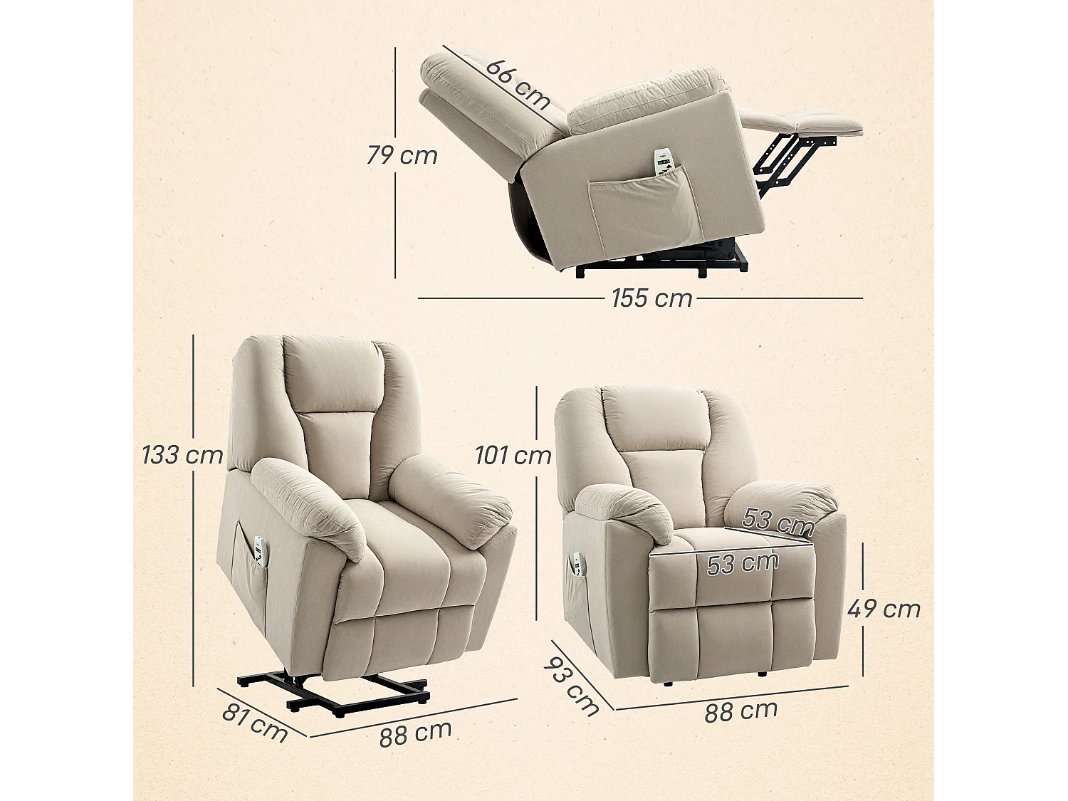Fauteuil releveur massant chauffant dossier inclinable repose-pied relevable port USB intégré tissu beige