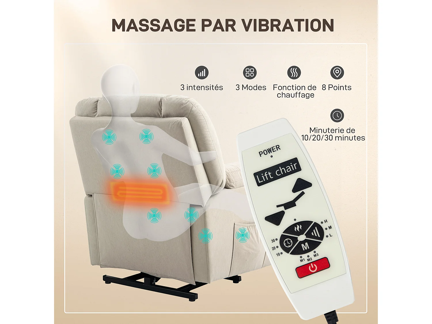 Fauteuil releveur massant chauffant dossier inclinable repose-pied relevable port USB intégré tissu beige