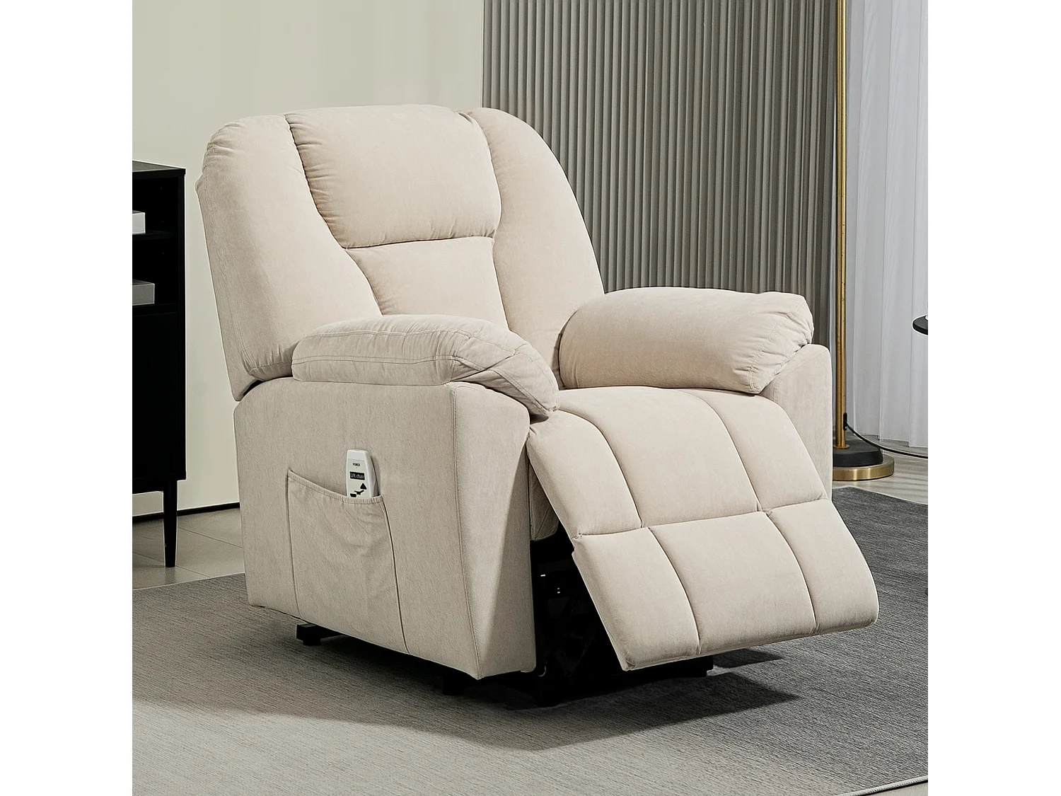 Fauteuil releveur massant chauffant dossier inclinable repose-pied relevable port USB intégré tissu beige