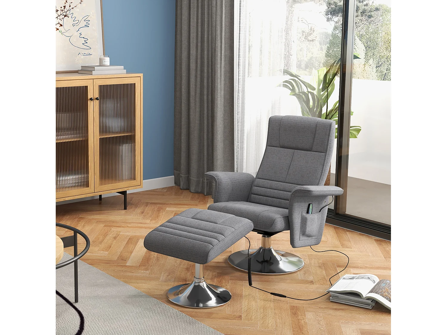 Fauteuil relax massant inclinable réglable avec repose-pied piètement acier chromé tissu gris