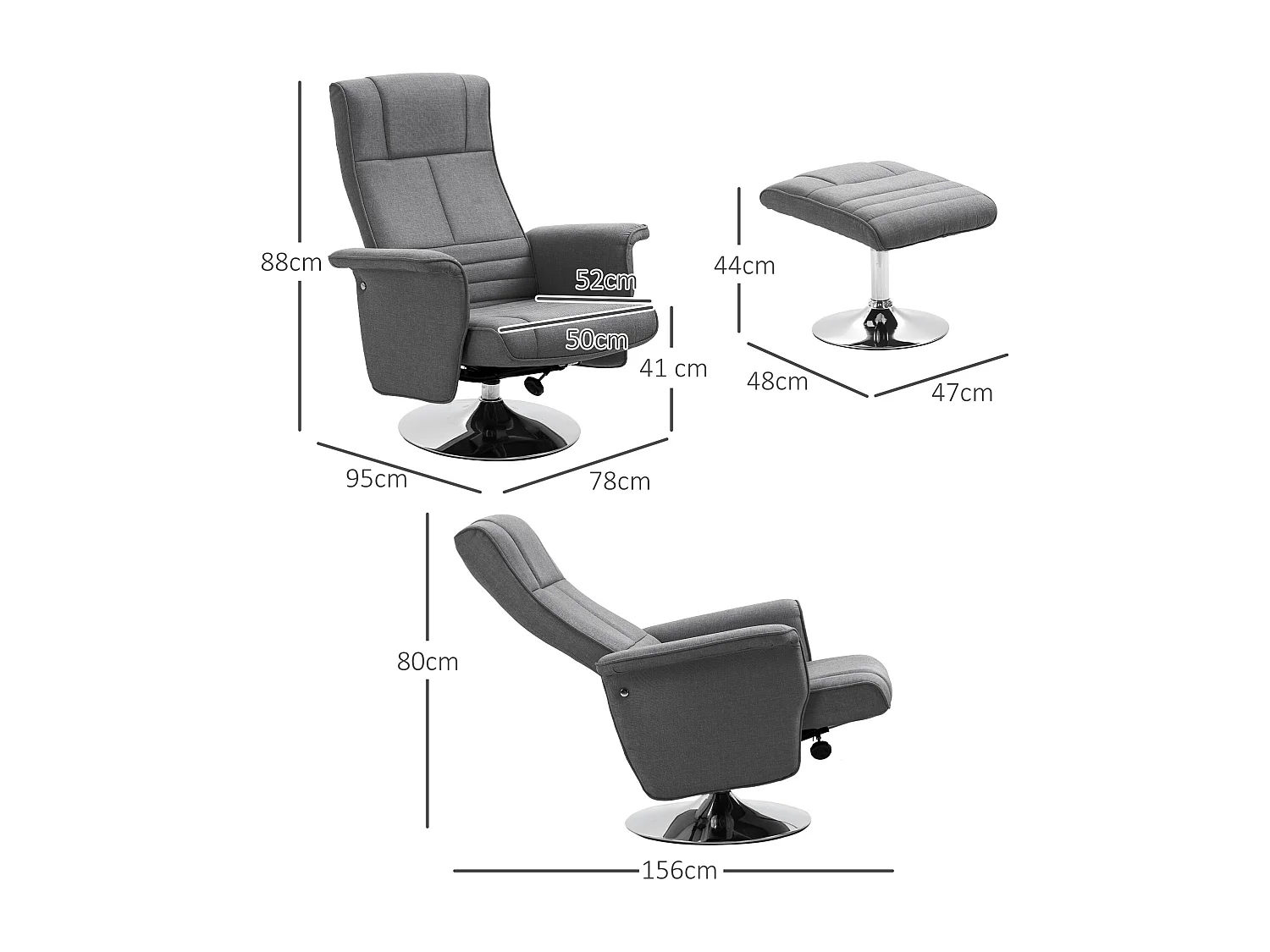 Fauteuil relax massant inclinable réglable avec repose-pied piètement acier chromé tissu gris