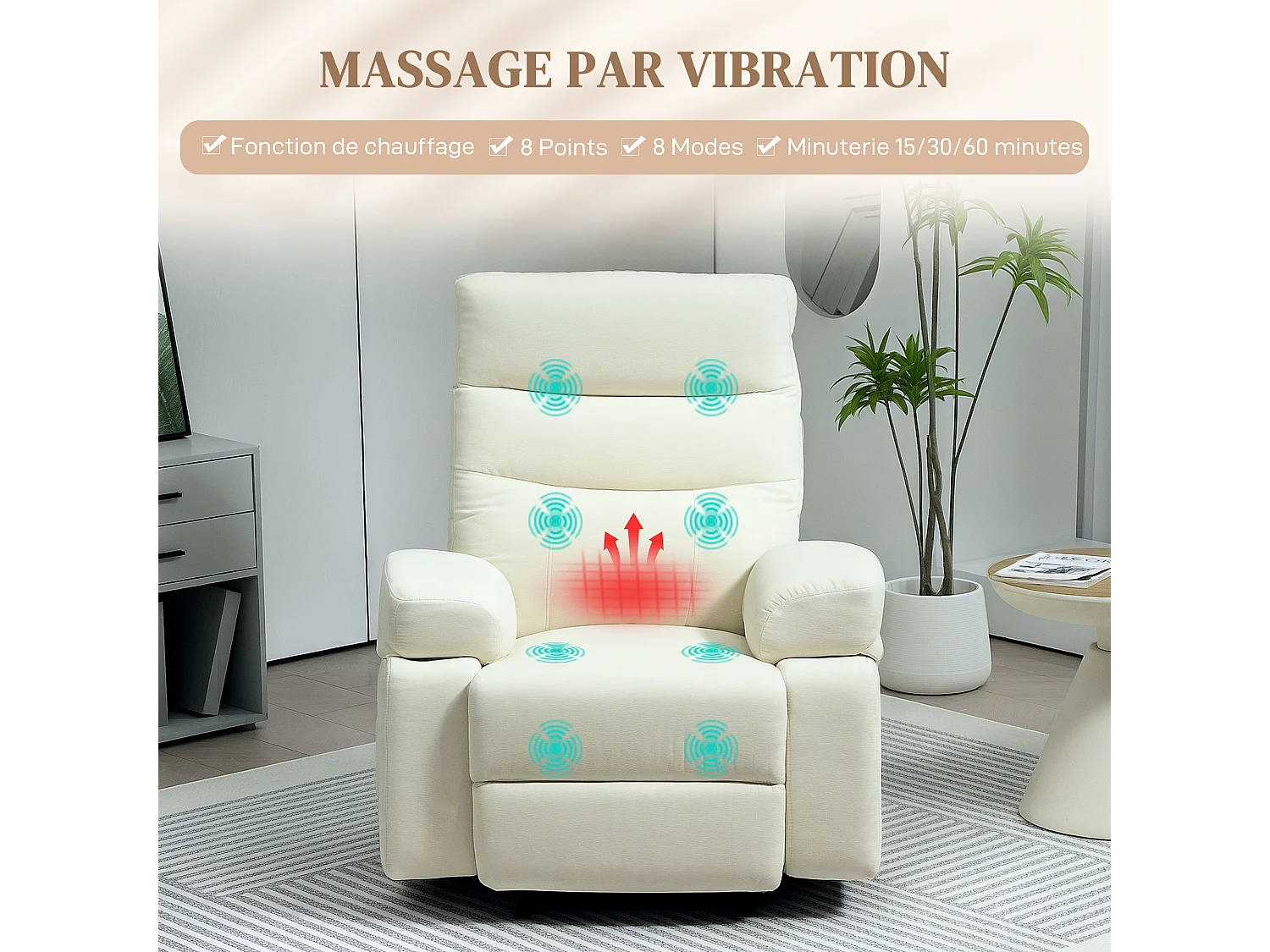 Fauteuil de massage relaxation inclinable chauffant poche rangement tissu blanc cassé