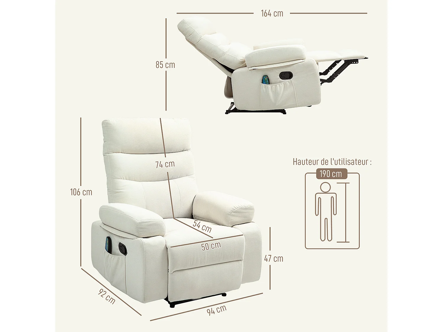 Fauteuil de massage relaxation inclinable chauffant poche rangement tissu blanc cassé