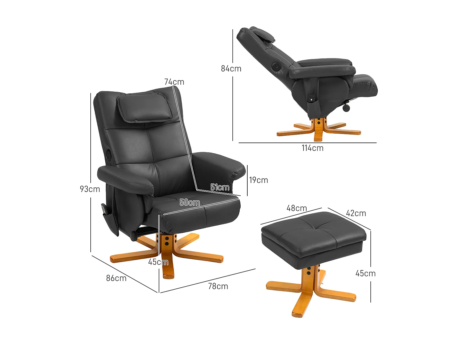 Ensemble fauteuil massant repose-pieds design Chesterfield - inclinable - coffre - tétière - noir