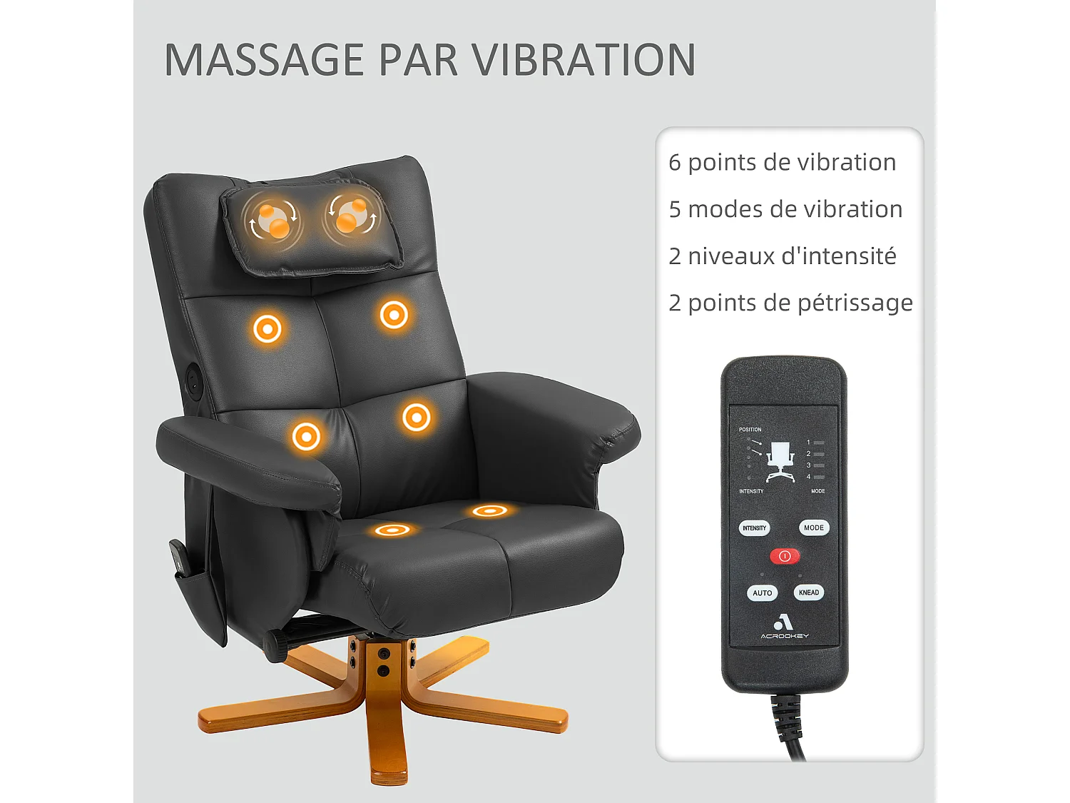 Ensemble fauteuil massant repose-pieds design Chesterfield - inclinable - coffre - tétière - noir