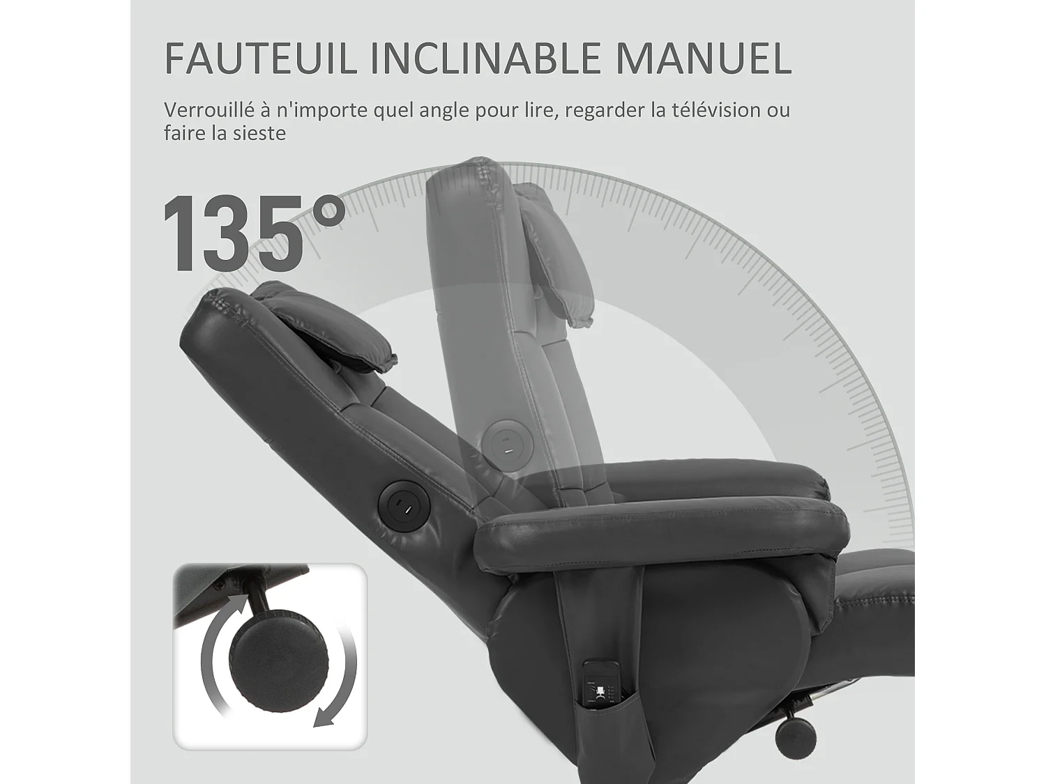 Ensemble fauteuil massant repose-pieds design Chesterfield - inclinable - coffre - tétière - noir