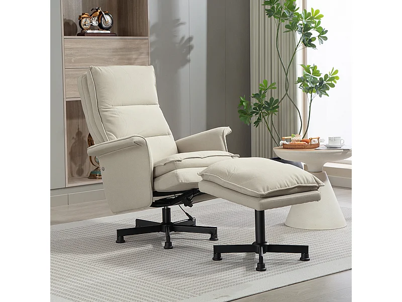 Fauteuil de massage avec repose-pied - style néo-rétro - châssis acier noir aspect lin beige
