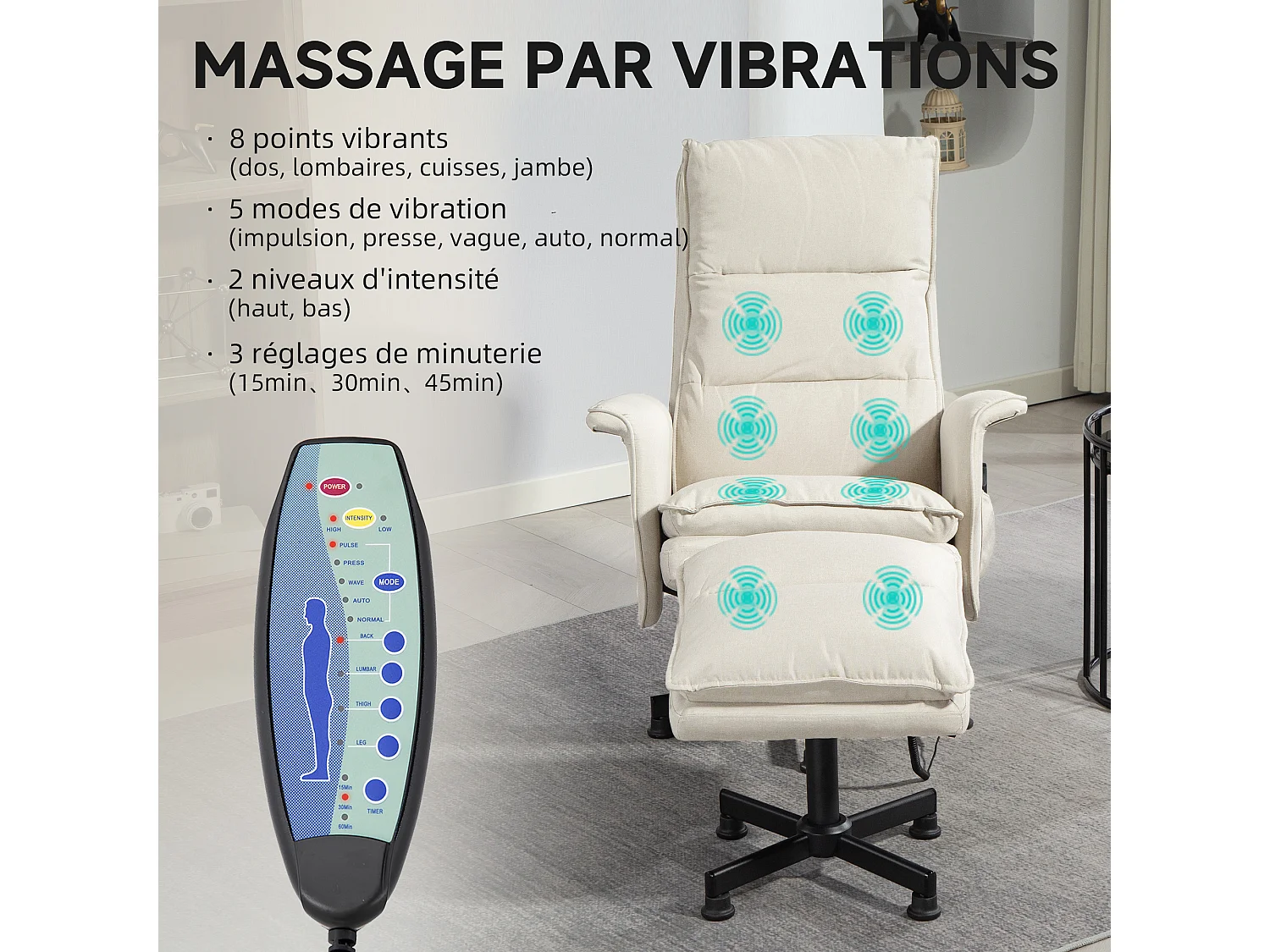 Fauteuil de massage avec repose-pied - style néo-rétro - châssis acier noir aspect lin beige