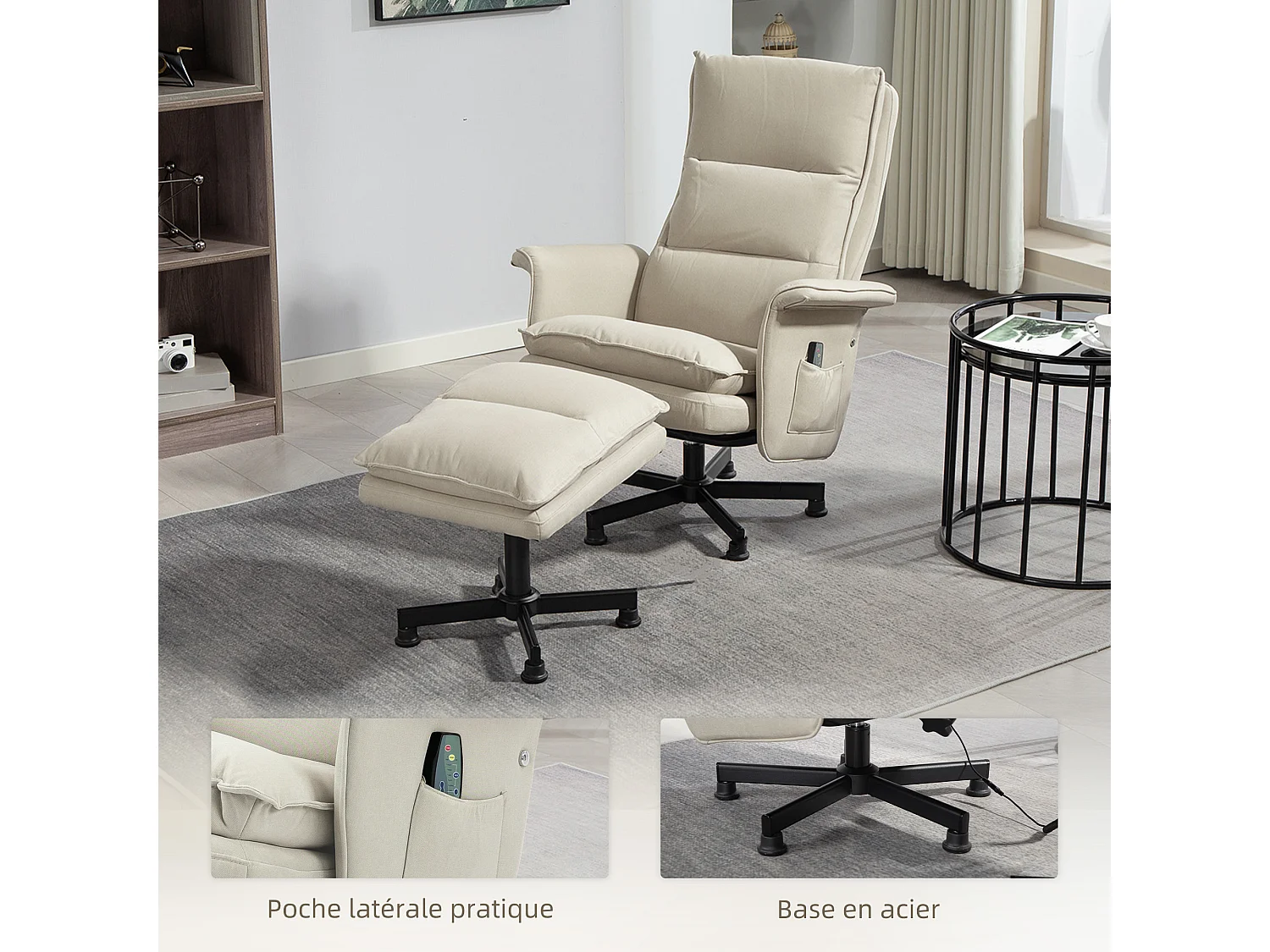Fauteuil de massage avec repose-pied - style néo-rétro - châssis acier noir aspect lin beige