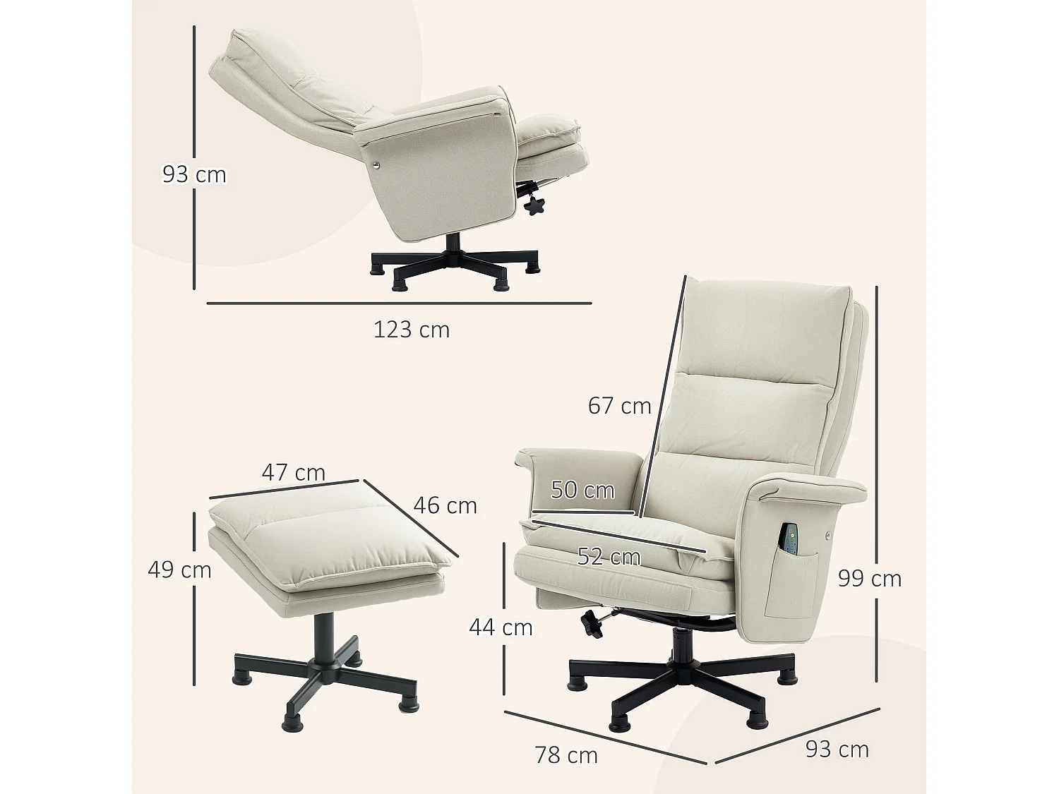 Fauteuil de massage avec repose-pied - style néo-rétro - châssis acier noir aspect lin beige