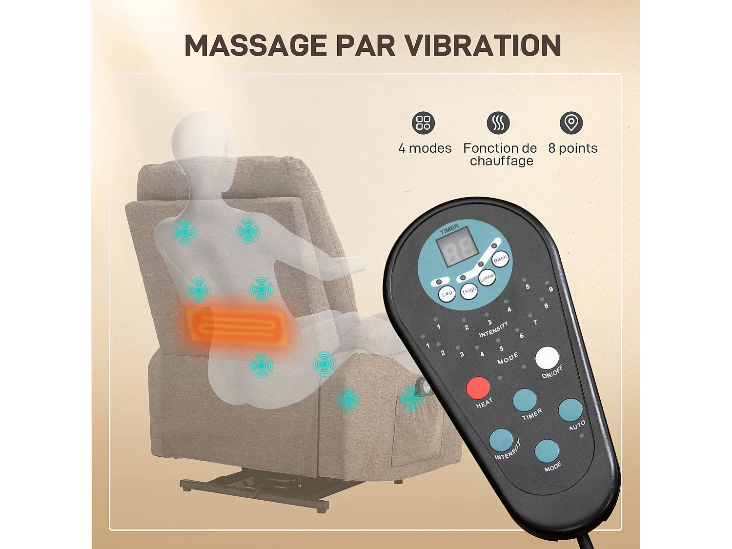 Fauteuil releveur massant chauffant inclinable - télécommande 4 modes 8 points - tissu marron chiné