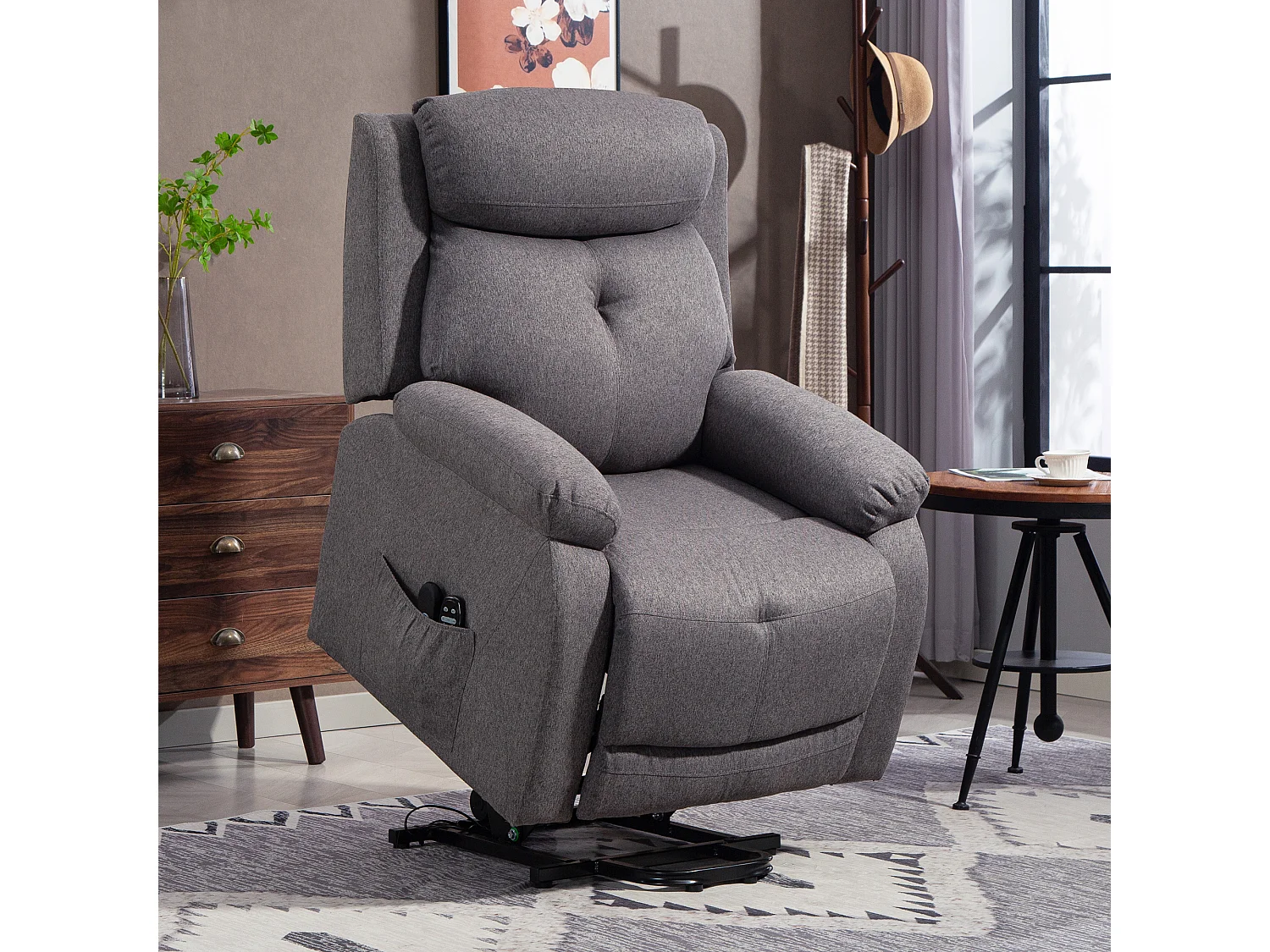 Fauteuil releveur électrique massant chauffant inclinable port USB tissu toucher lin gris