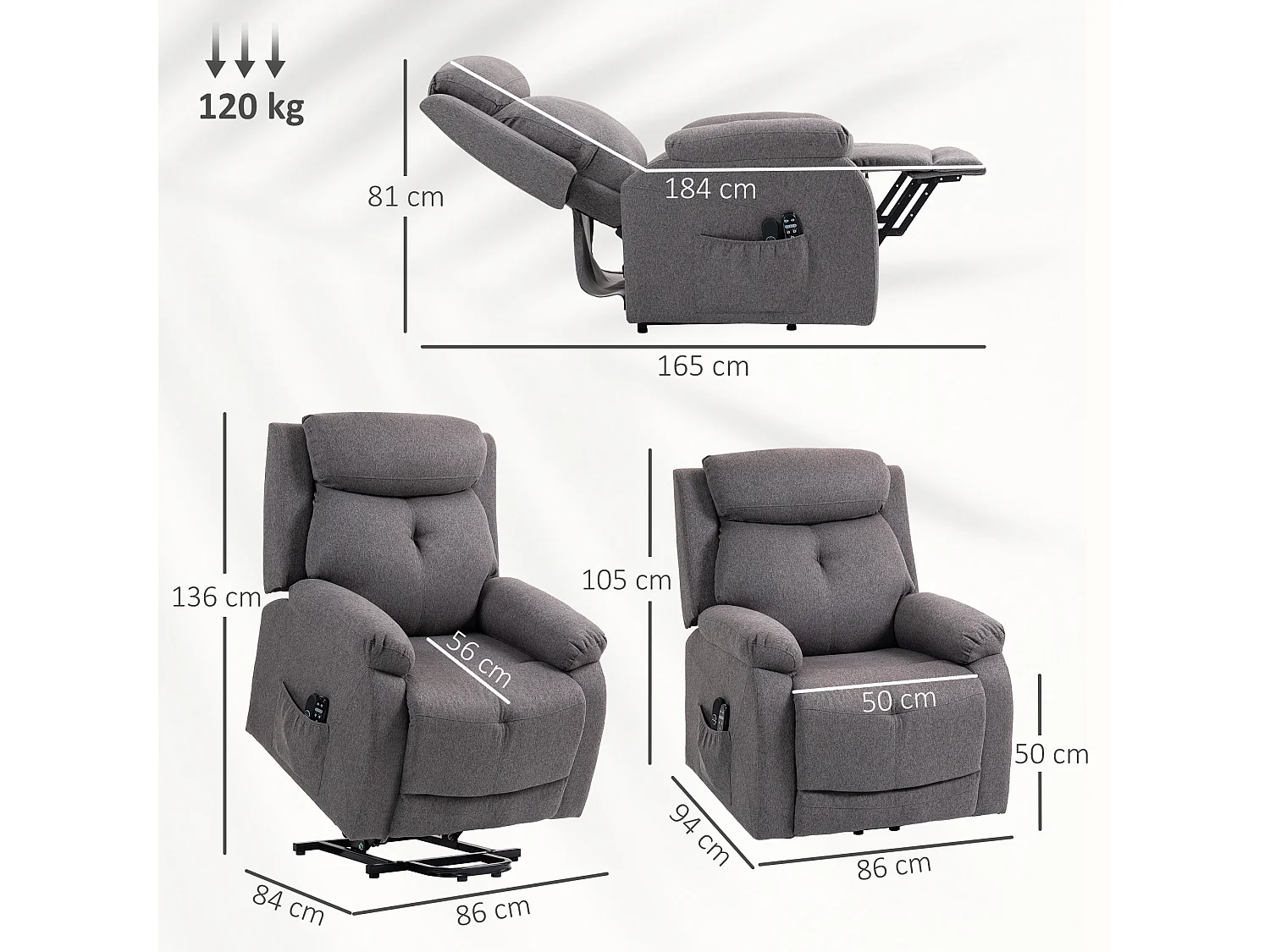 Fauteuil releveur électrique massant chauffant inclinable port USB tissu toucher lin gris