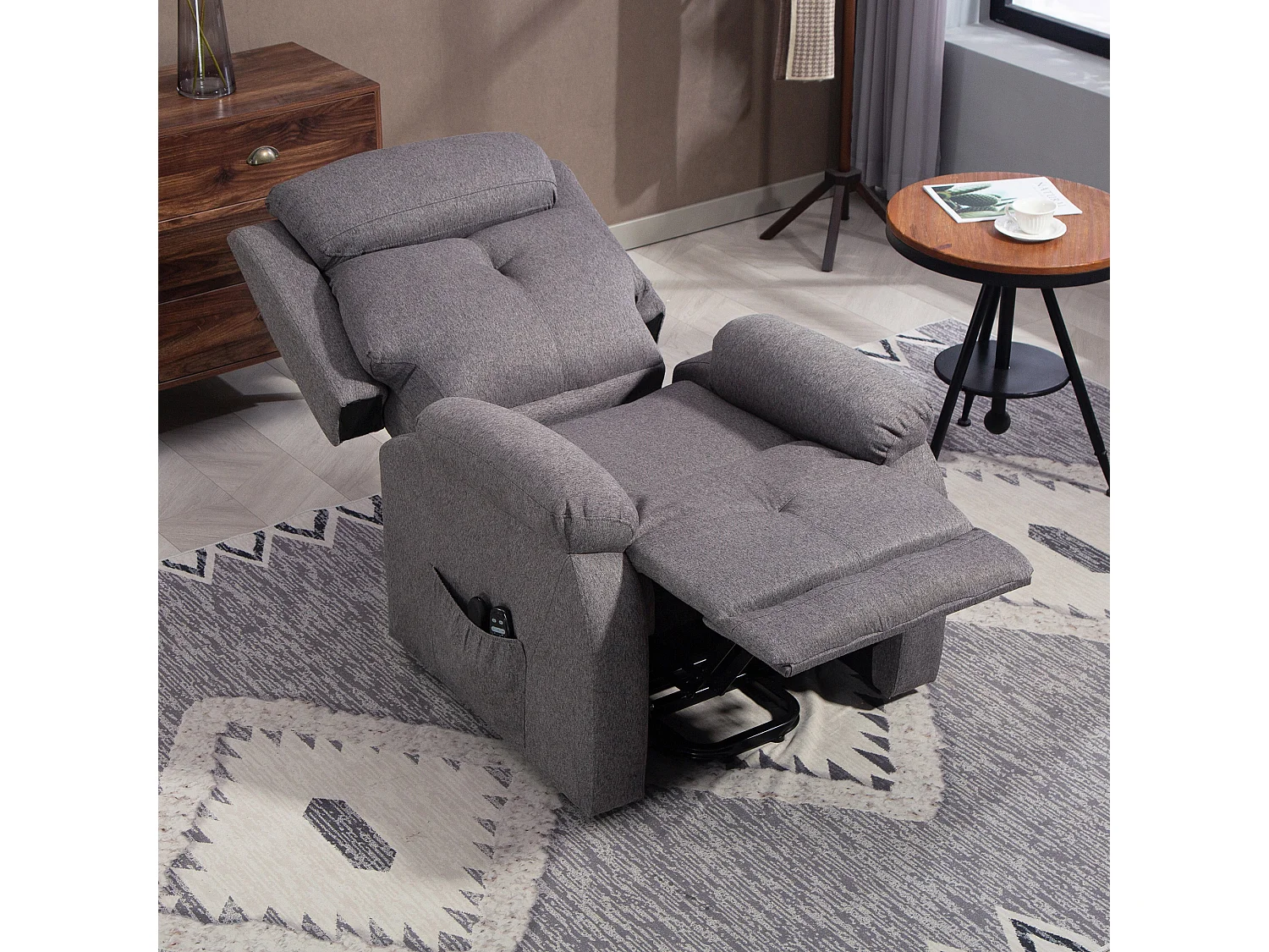 Fauteuil releveur électrique massant chauffant inclinable port USB tissu toucher lin gris