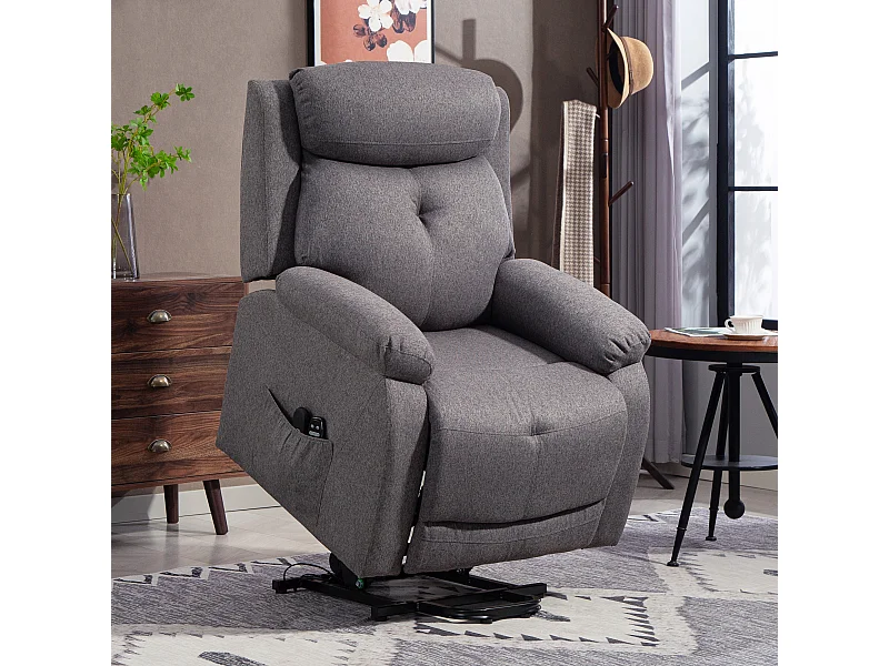 Fauteuil releveur électrique massant chauffant inclinable port USB tissu toucher lin gris