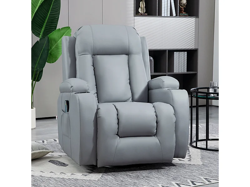 Fauteuil de massage et relaxation électrique chauffant inclinable manuellement repose-pied télécommande gris
