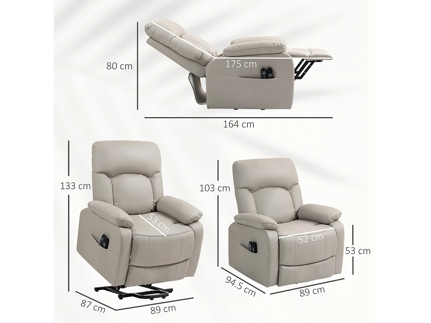 Fauteuil releveur électrique massant chauffant inclinable port USB synthétique gris clair