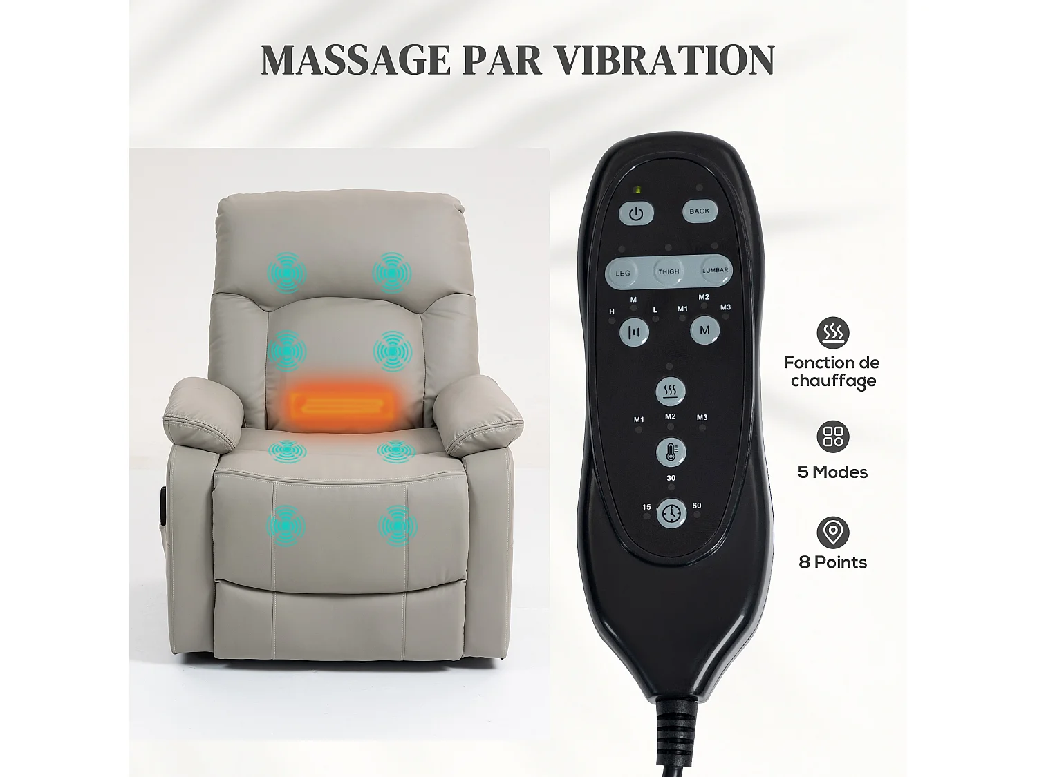 Fauteuil releveur électrique massant chauffant inclinable port USB synthétique gris clair