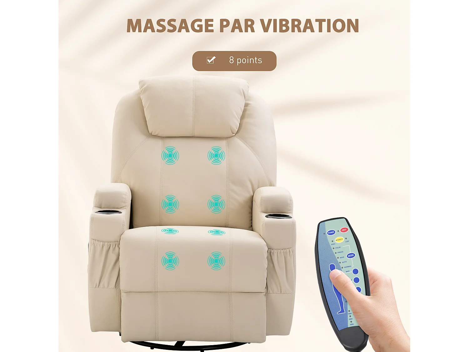 Fauteuil luxe de relaxation et massage inclinaison dossier repose-pied réglable revêtement synthétique crème