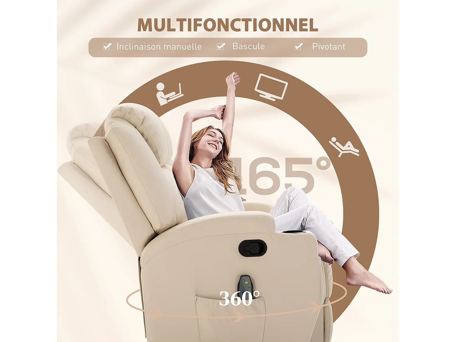 Fauteuil luxe de relaxation et massage inclinaison dossier repose-pied réglable revêtement synthétique crème