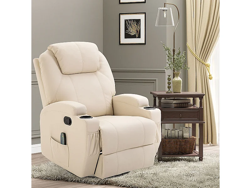 Fauteuil luxe de relaxation et massage inclinaison dossier repose-pied réglable revêtement synthétique crème