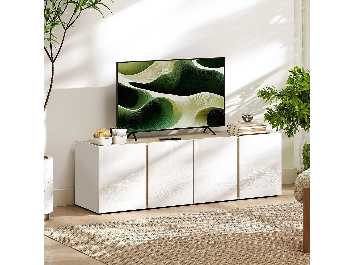 Meuble TV blanc HOMCOM 135 cm pour écran 65", rangement spacieux, portes à fermeture douce, étagère réglable, design moderne