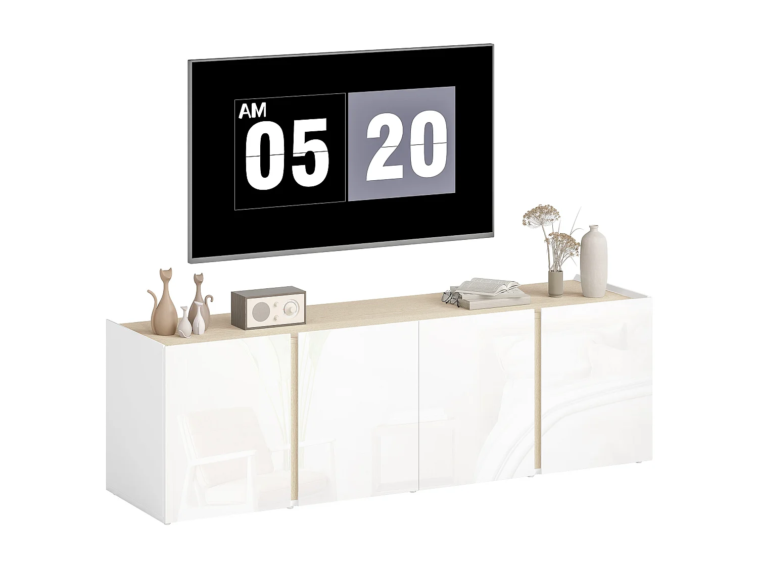 Meuble TV blanc HOMCOM 135 cm pour écran 65", rangement spacieux, portes à fermeture douce, étagère réglable, design moderne