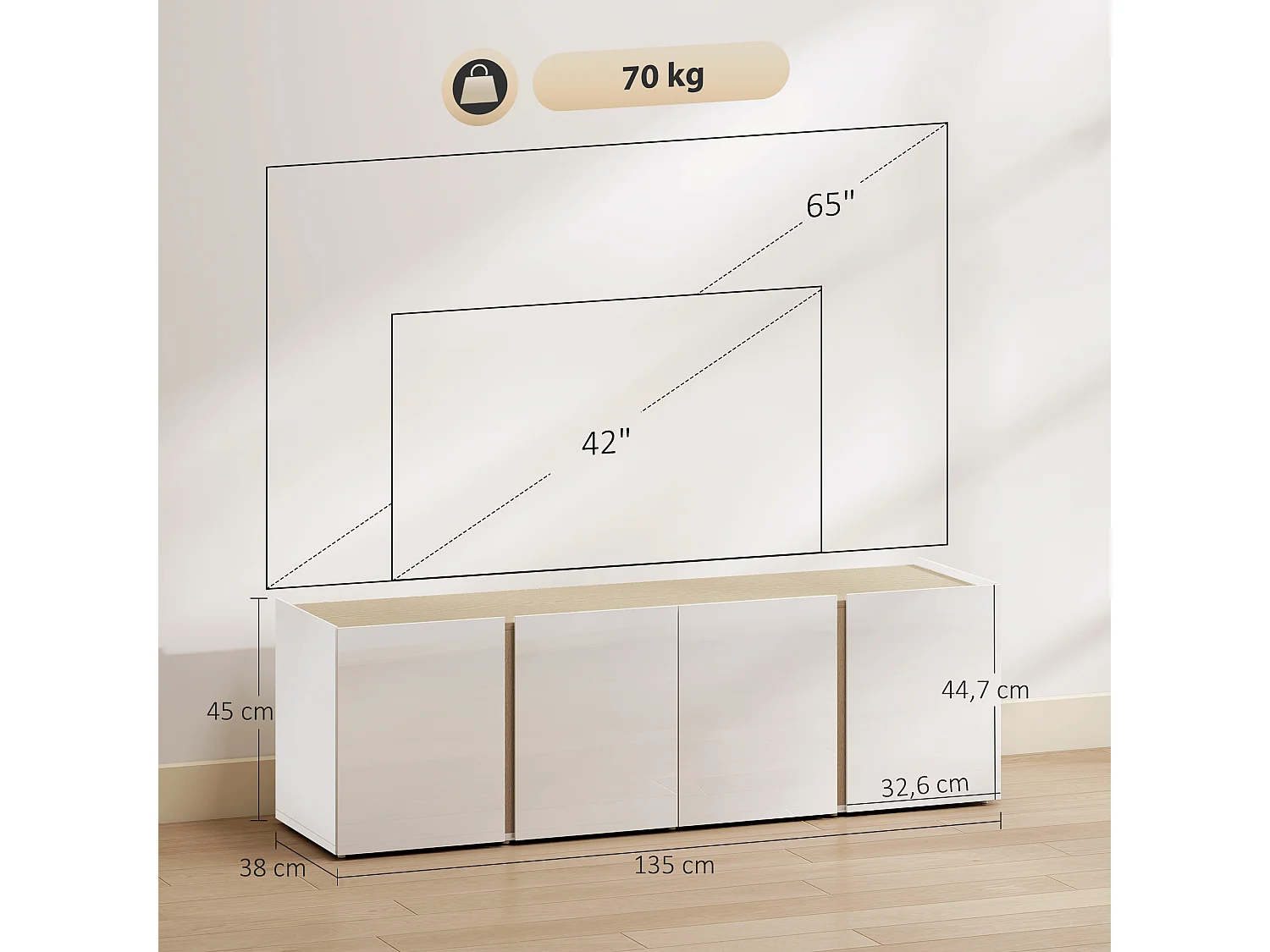 Meuble TV blanc HOMCOM 135 cm pour écran 65", rangement spacieux, portes à fermeture douce, étagère réglable, design moderne