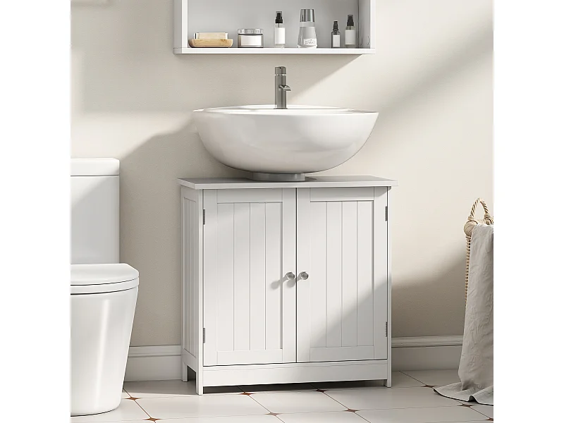 Meuble sous vasque sur pieds effet lambris - 2 portes, étagère réglable - 60 x 30 x 60 cm - blanc