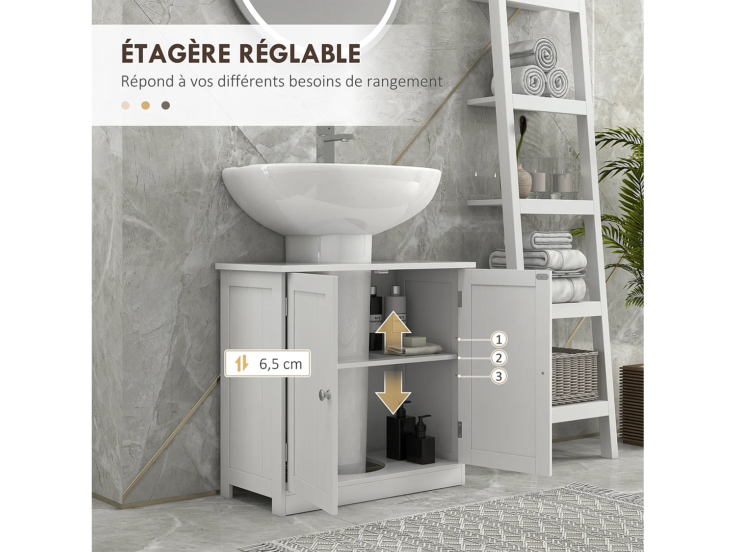 Meuble sous vasque sur pieds effet lambris - 2 portes, étagère réglable - 60 x 30 x 60 cm - blanc