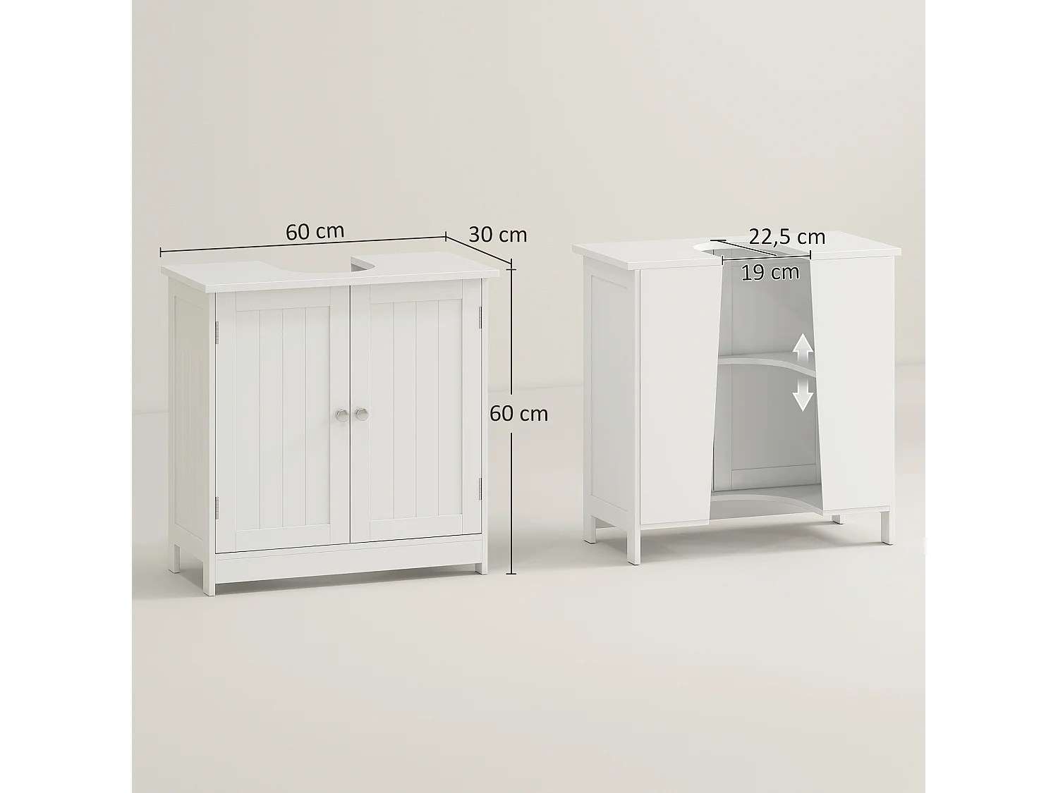 Meuble sous vasque sur pieds effet lambris - 2 portes, étagère réglable - 60 x 30 x 60 cm - blanc