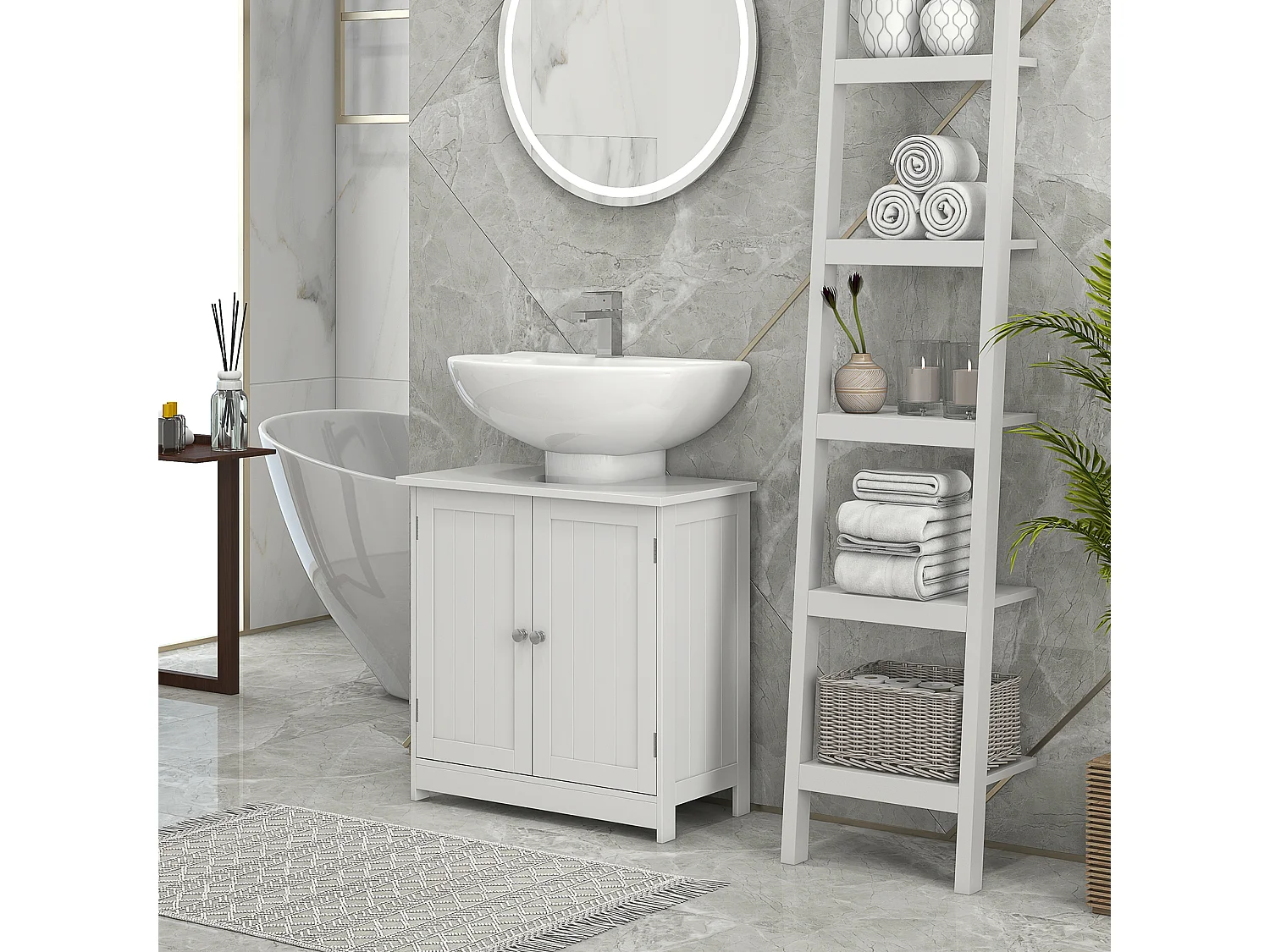 Meuble sous vasque sur pieds effet lambris - 2 portes, étagère réglable - 60 x 30 x 60 cm - blanc