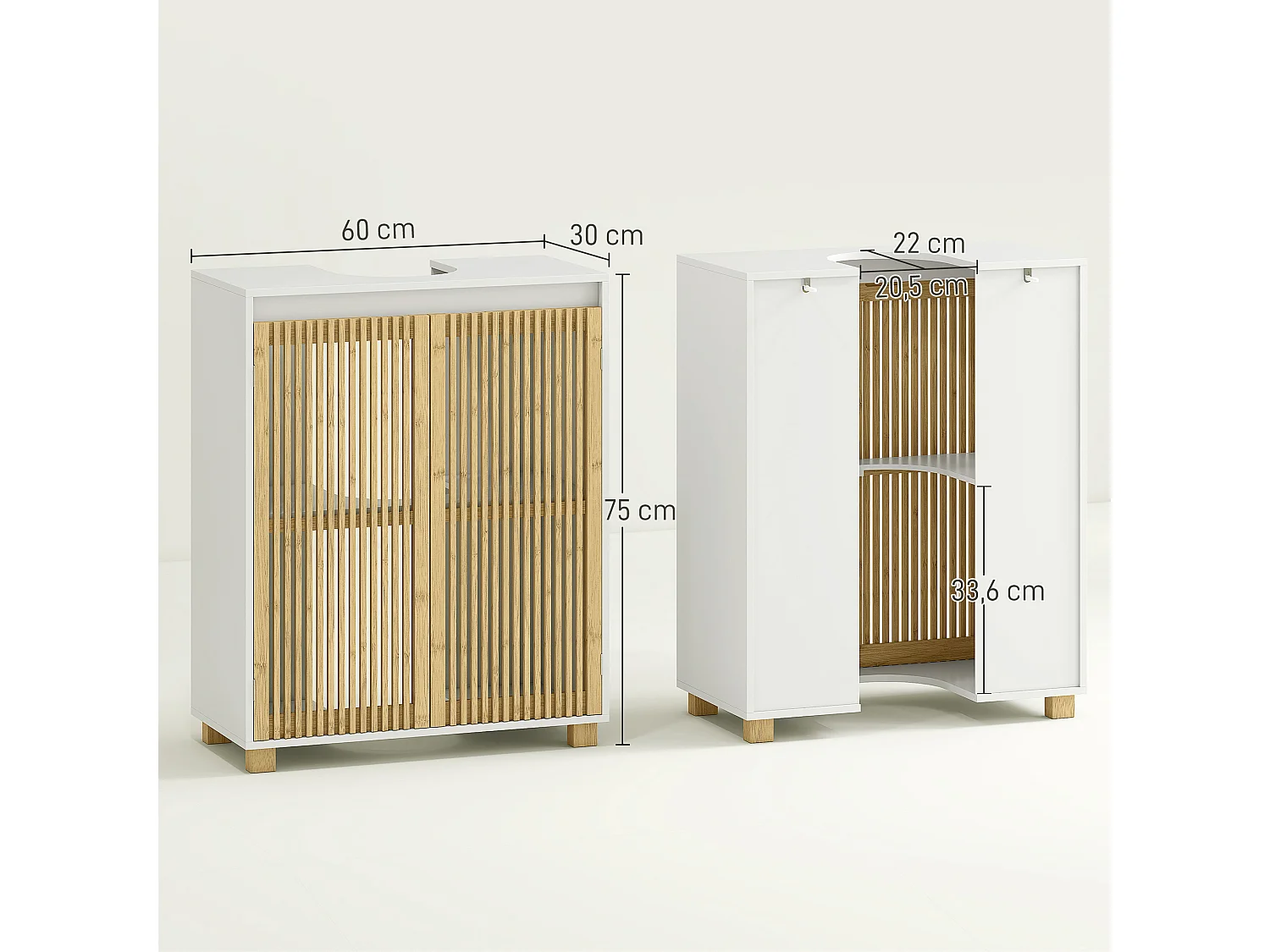 Meuble sous vasque en bois - 2 portes à lattes verticales, étagère - piètement bambou blanc