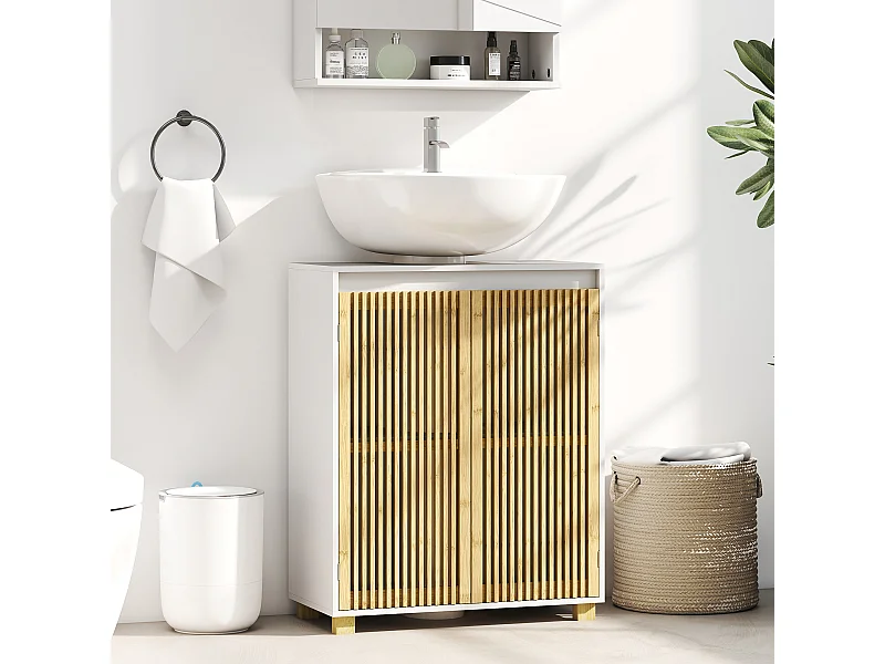 Meuble sous vasque en bois - 2 portes à lattes verticales, étagère - piètement bambou blanc